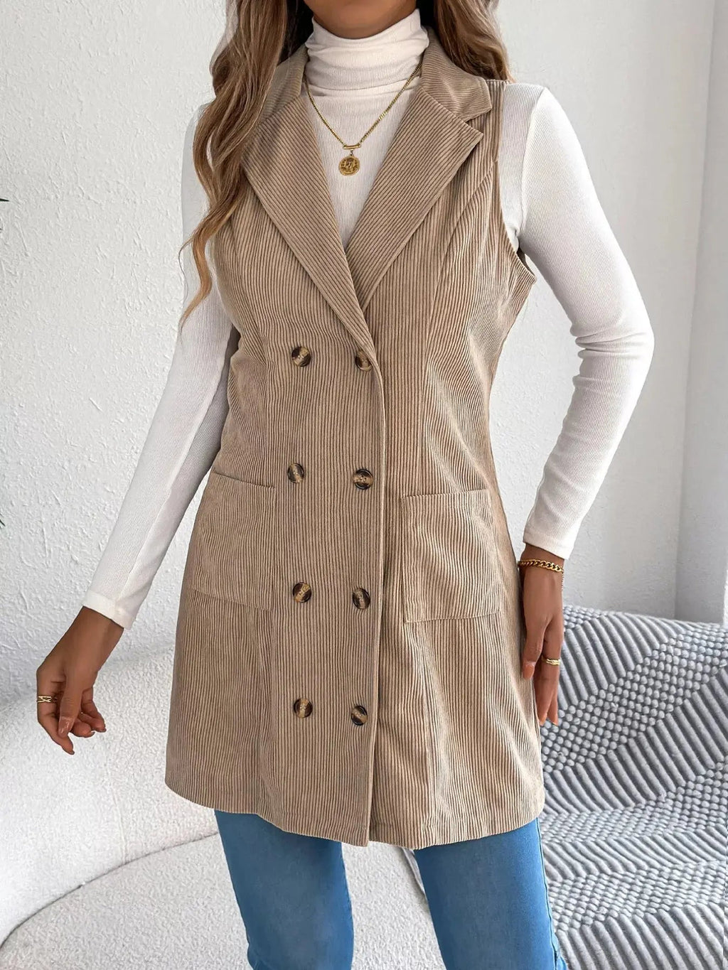 Double - Breasted Long Vest Coat - Charmdeals