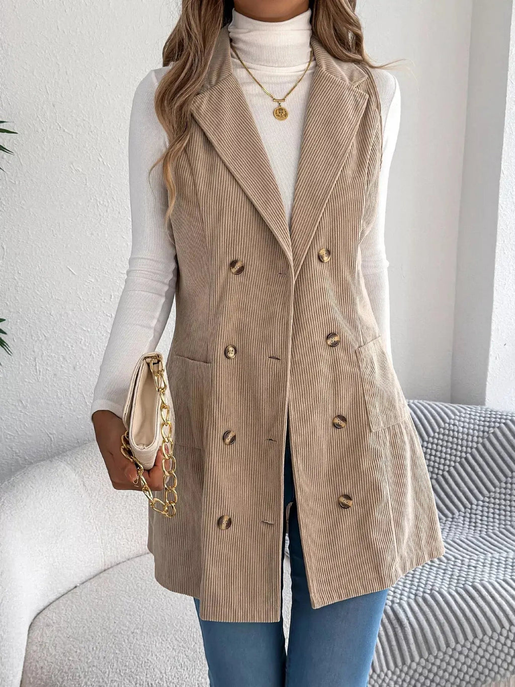 Double - Breasted Long Vest Coat - Charmdeals