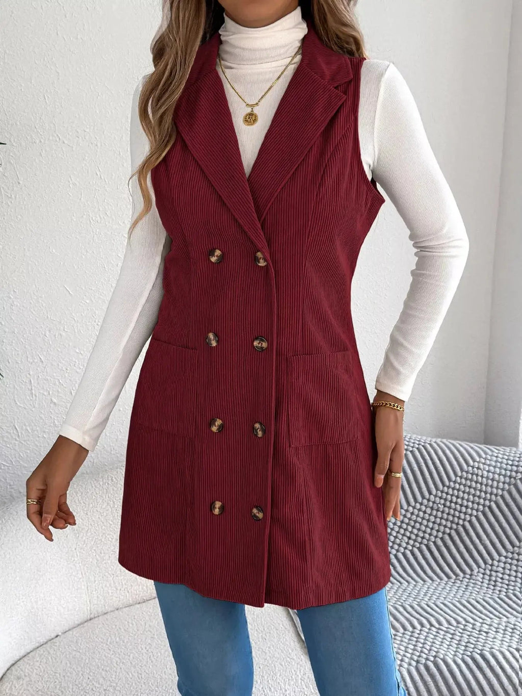 Double - Breasted Long Vest Coat - Charmdeals