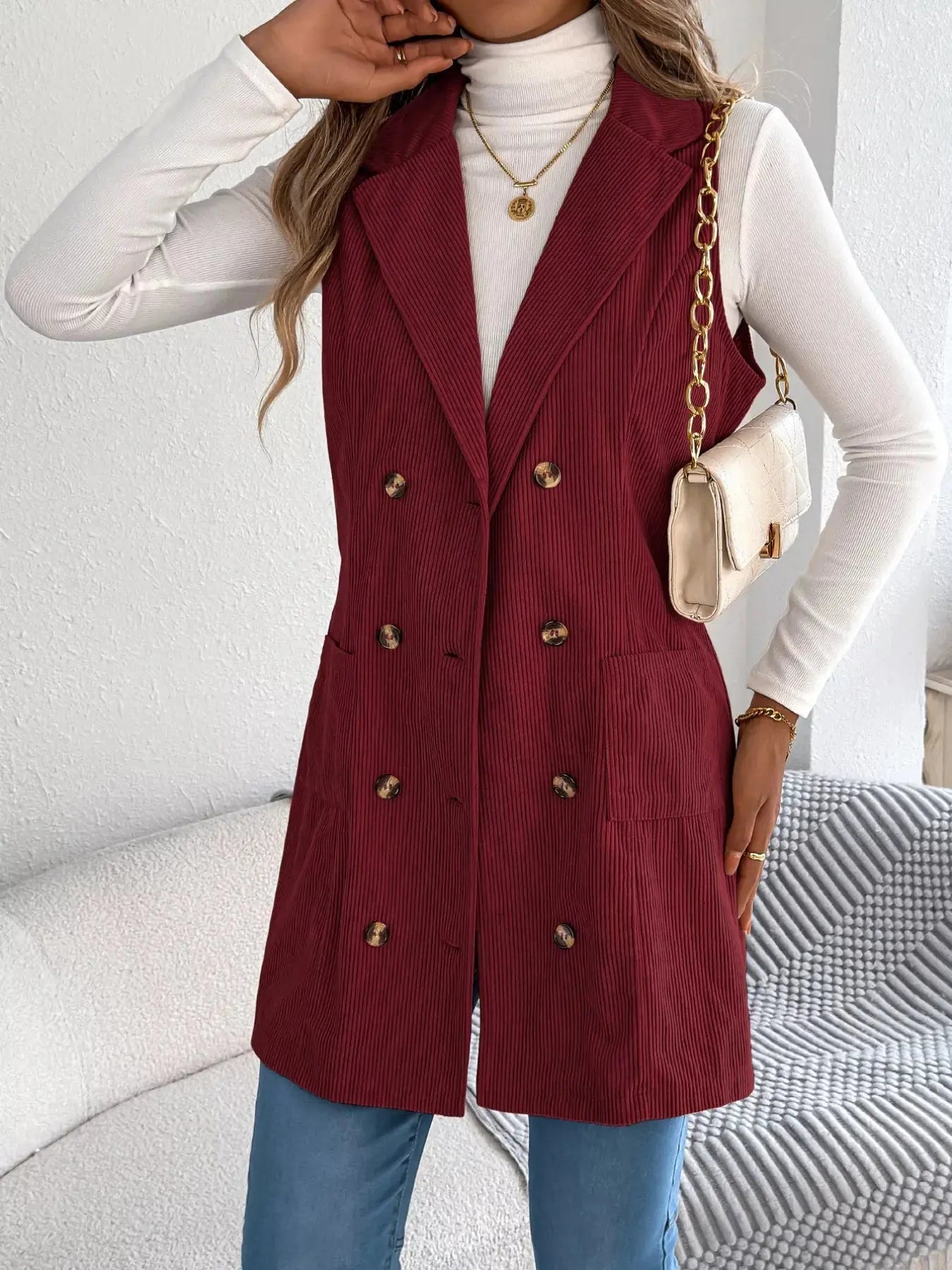 Double - Breasted Long Vest Coat - Charmdeals
