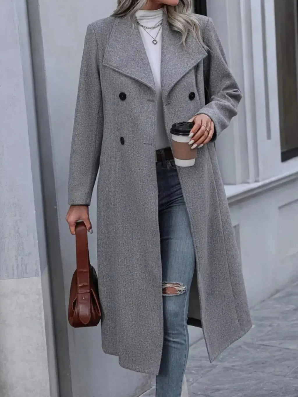 Double - Breasted Longline Overcoat - Charmdeals