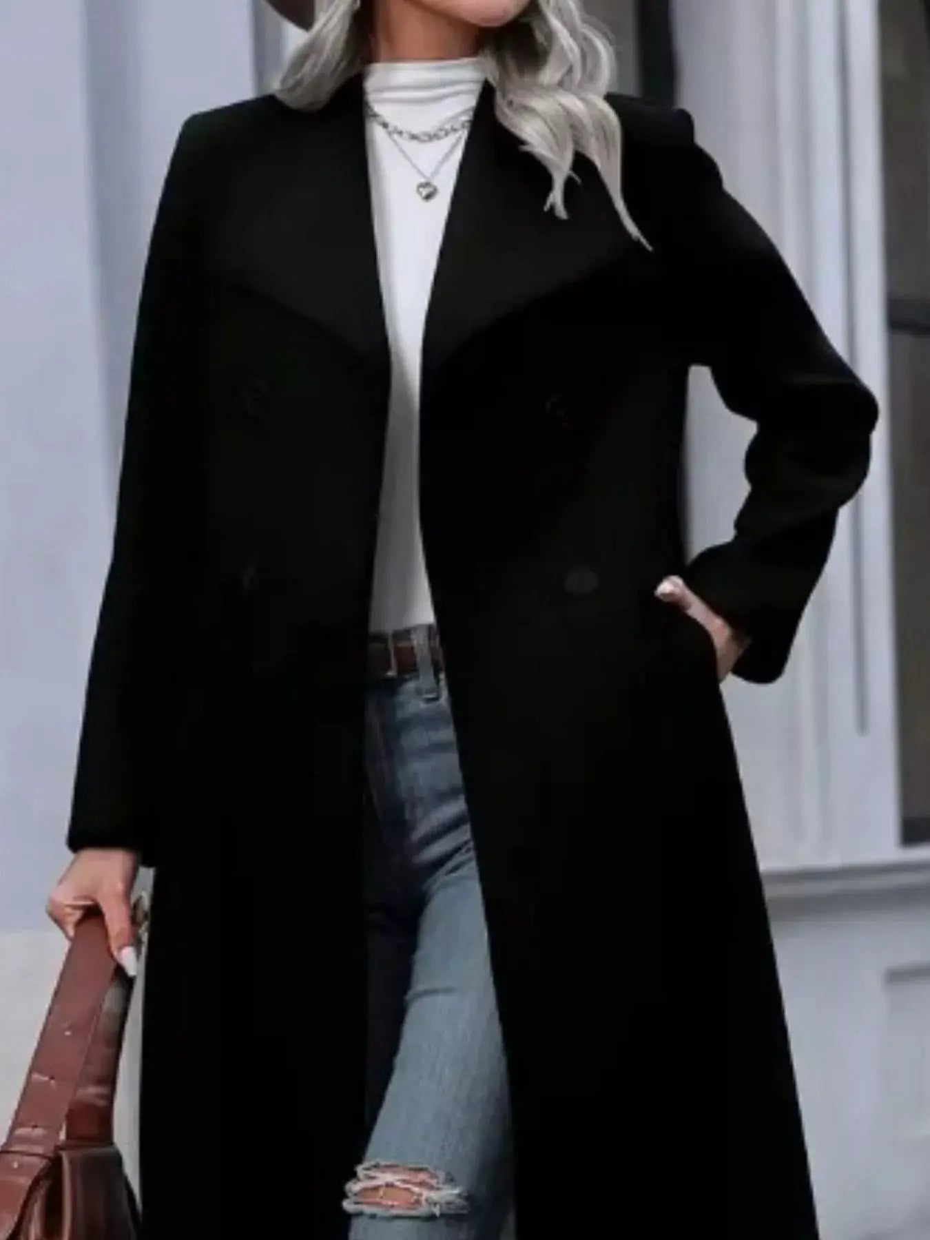 Double - Breasted Longline Overcoat - Charmdeals