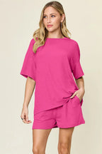 Double Take Basic style Round Neck Solid Set - Charmdeals