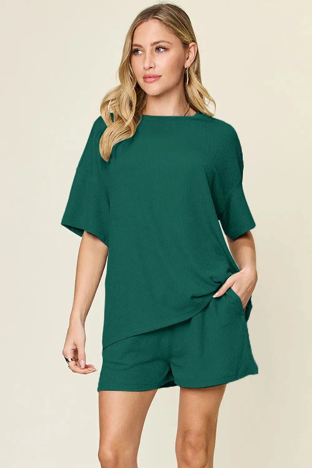 Double Take Basic style Round Neck Solid Set - Charmdeals