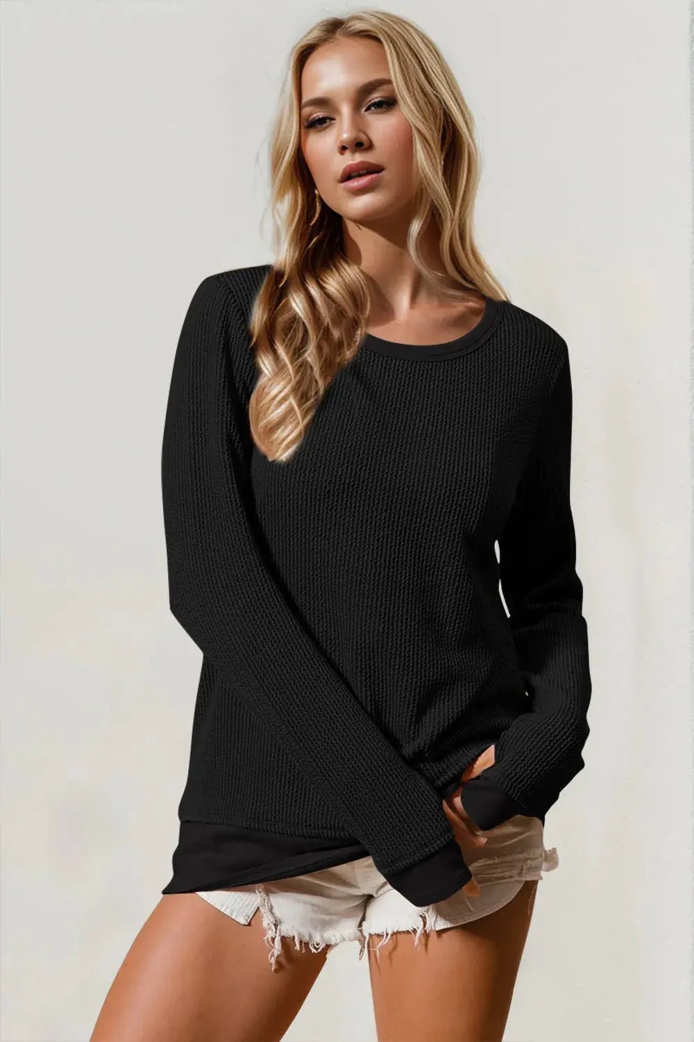 Double Take Corded Rib Thumbhole Cuff Round Neck T-Shirt - Charmdeals