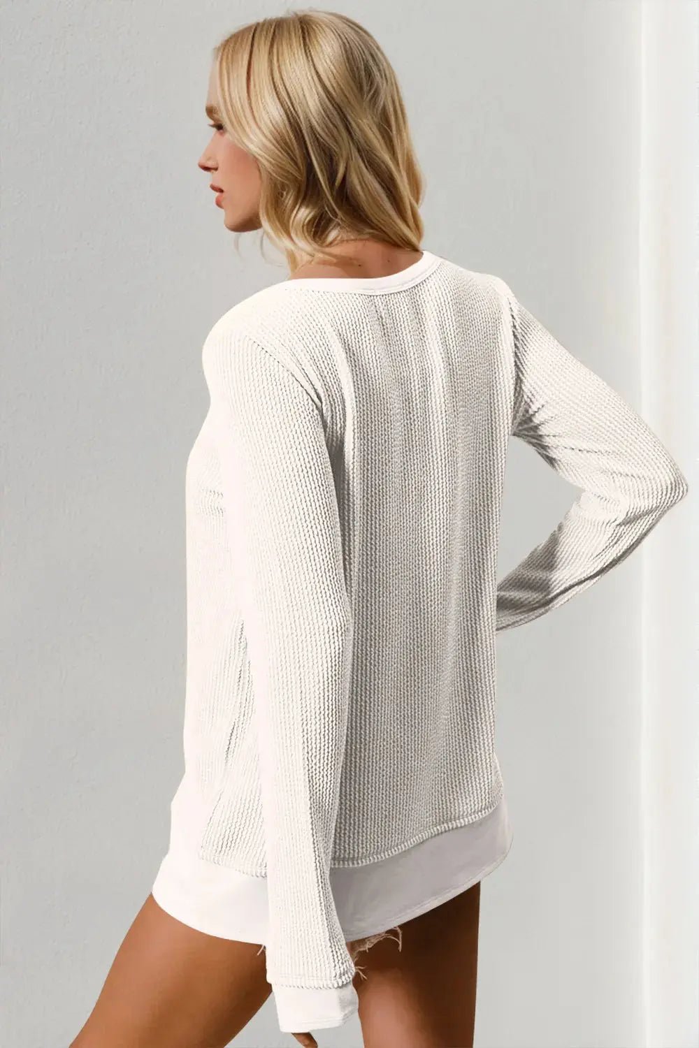 Double Take Corded Rib Thumbhole Cuff Round Neck T-Shirt - Charmdeals