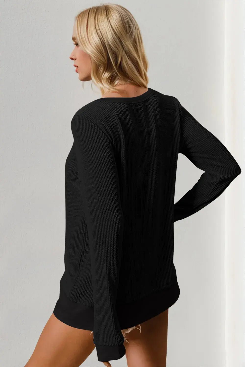 Double Take Corded Rib Thumbhole Cuff Round Neck T-Shirt - Charmdeals