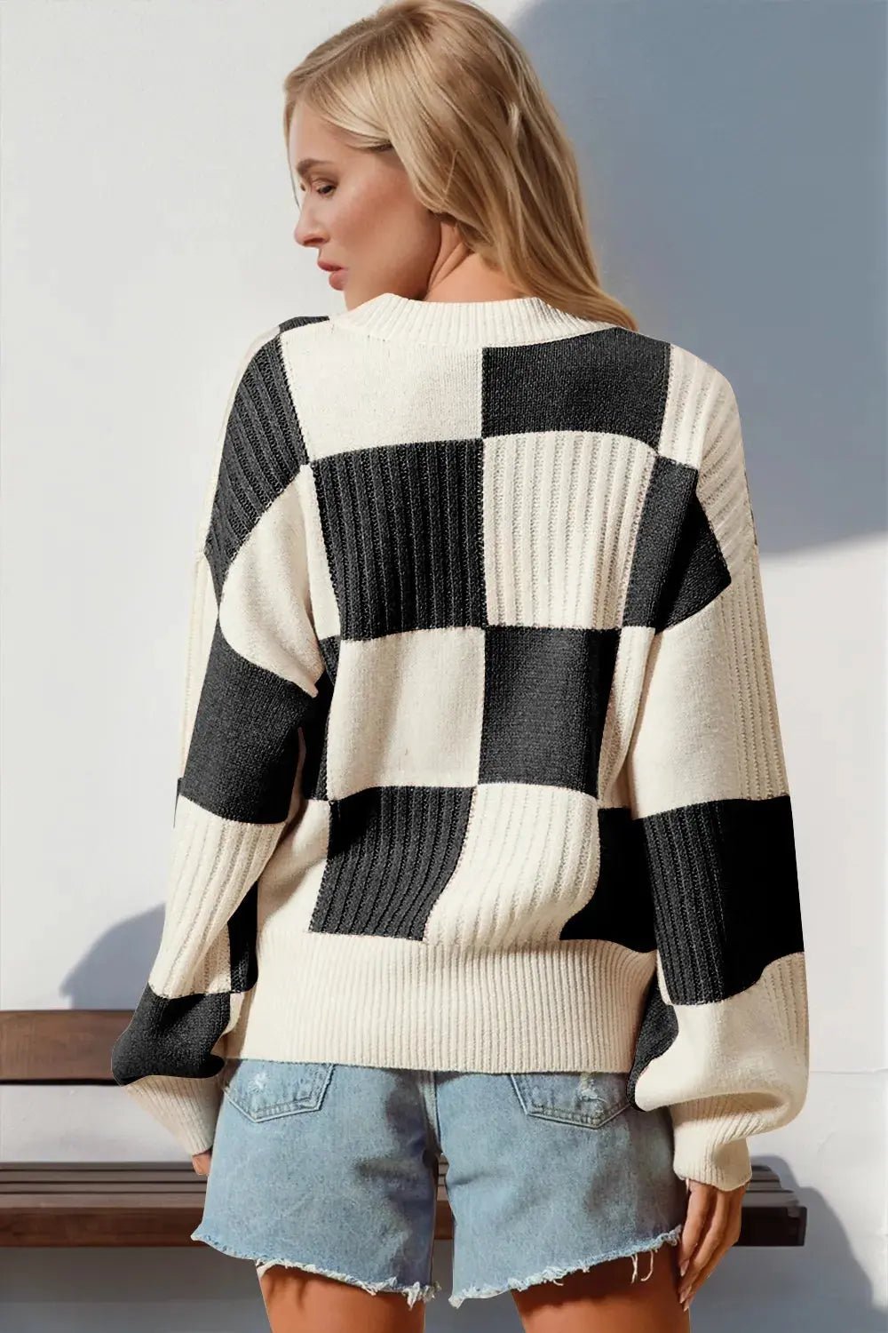 Double Take Full Size Checkered Dropped Shoulder Cardigan - Charmdeals