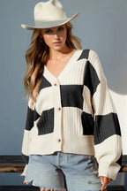 Double Take Full Size Checkered Dropped Shoulder Cardigan - Charmdeals