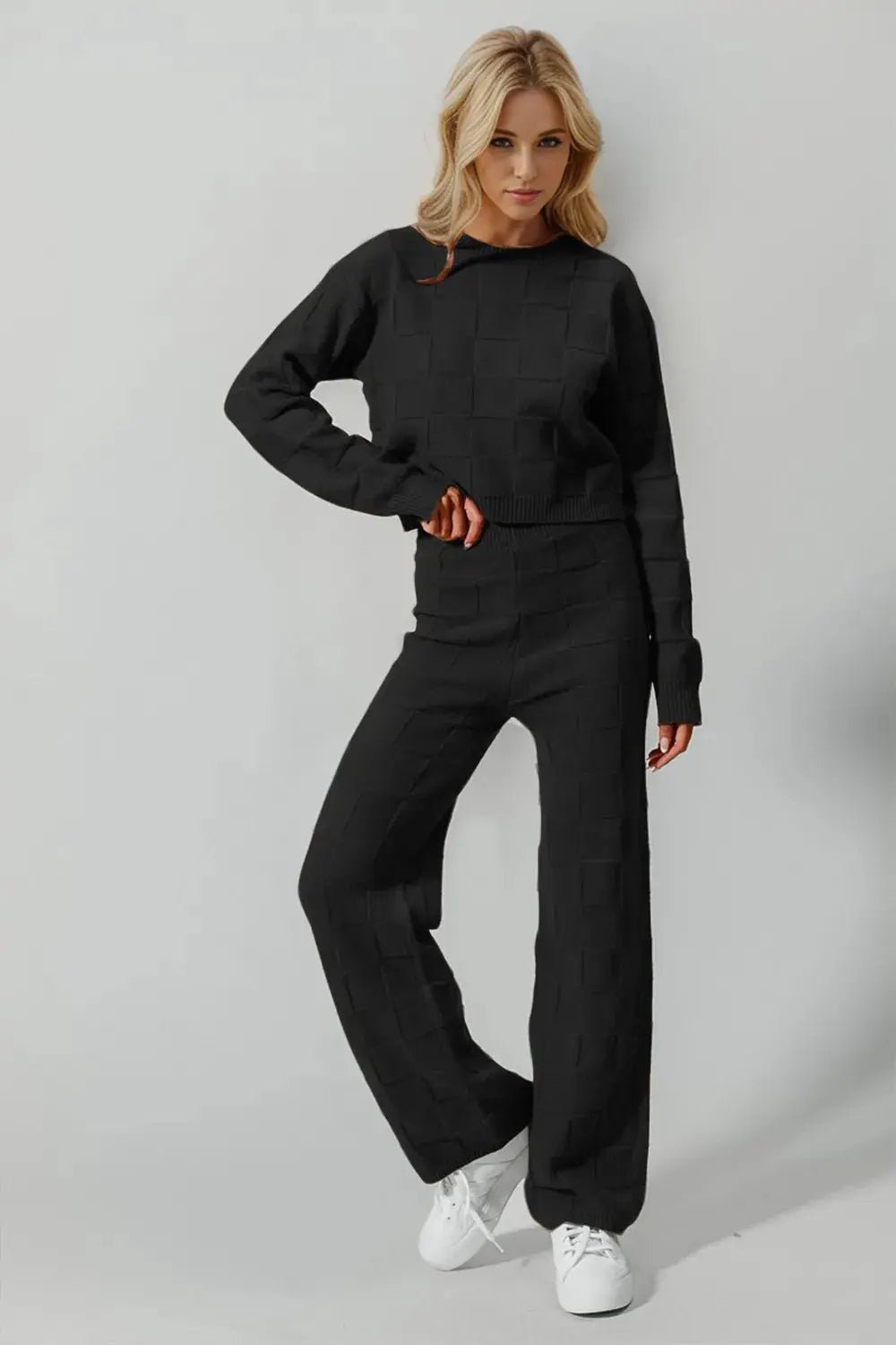 Double Take Full Size Checkered Round Neck Top and Pants Set - Charmdeals
