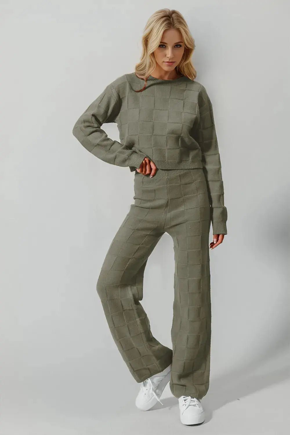 Double Take Full Size Checkered Round Neck Top and Pants Set - Charmdeals