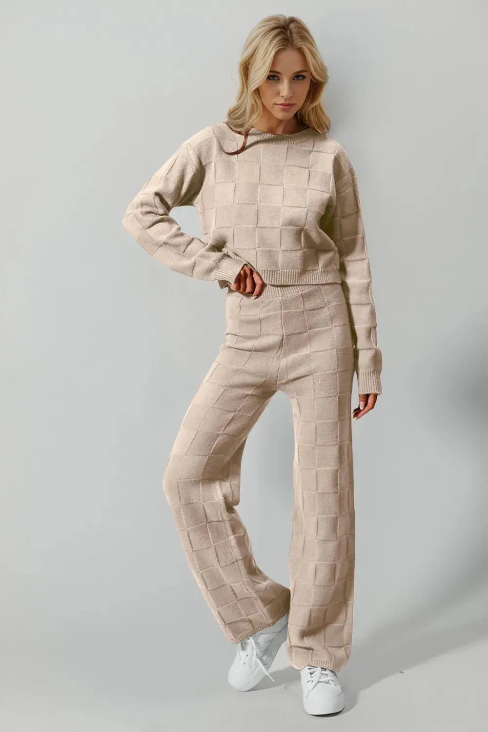 Double Take Full Size Checkered Round Neck Top and Pants Set - Charmdeals