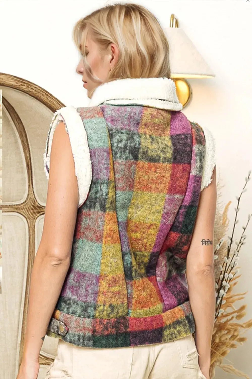 Double Take Full Size Snap Down Plaid Fleece Vest Coat with Pockets - Charmdeals