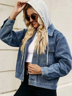 Drawstring Hooded Button Up Denim Jacket - Charmdeals