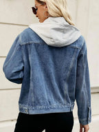 Drawstring Hooded Button Up Denim Jacket - Charmdeals
