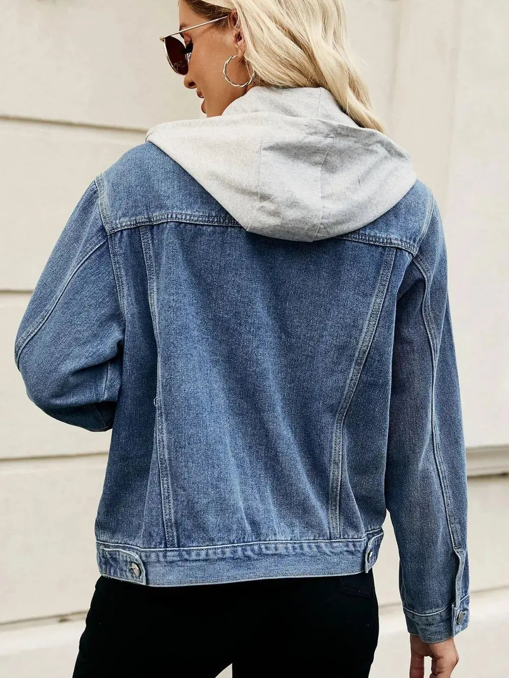 Drawstring Hooded Button Up Denim Jacket - Charmdeals