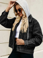Drawstring Hooded Button Up Denim Jacket - Charmdeals