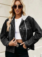 Drawstring Hooded Button Up Denim Jacket - Charmdeals