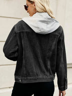Drawstring Hooded Button Up Denim Jacket - Charmdeals
