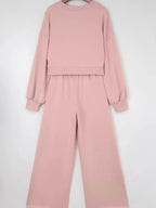 Drop Shoulder Puff Sleeve Crop Top and Drawstring Wide Leg Pants Set - Charmdeals