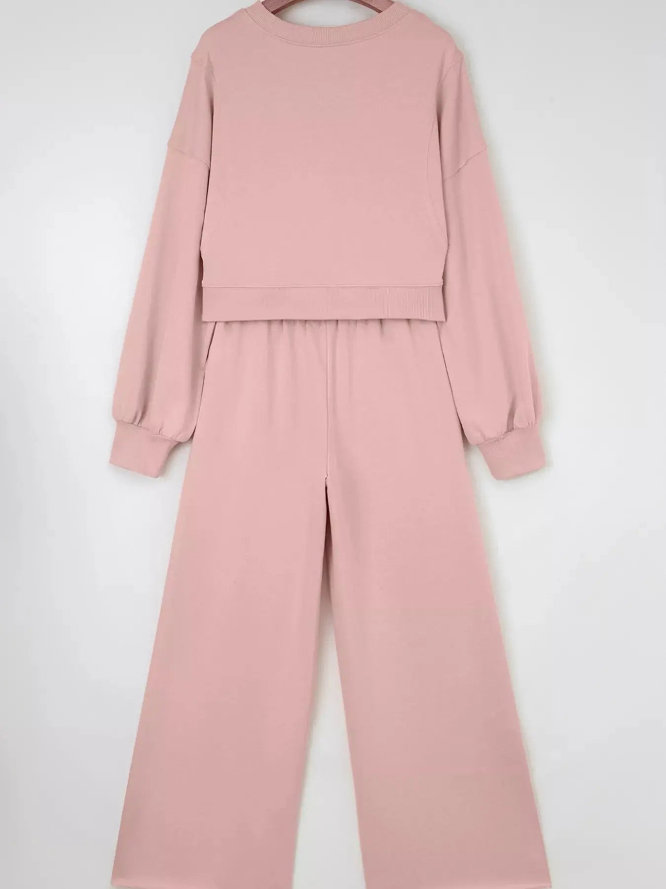 Drop Shoulder Puff Sleeve Crop Top and Drawstring Wide Leg Pants Set - Charmdeals