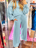 Drop Shoulder Puff Sleeve Crop Top and Drawstring Wide Leg Pants Set - Charmdeals