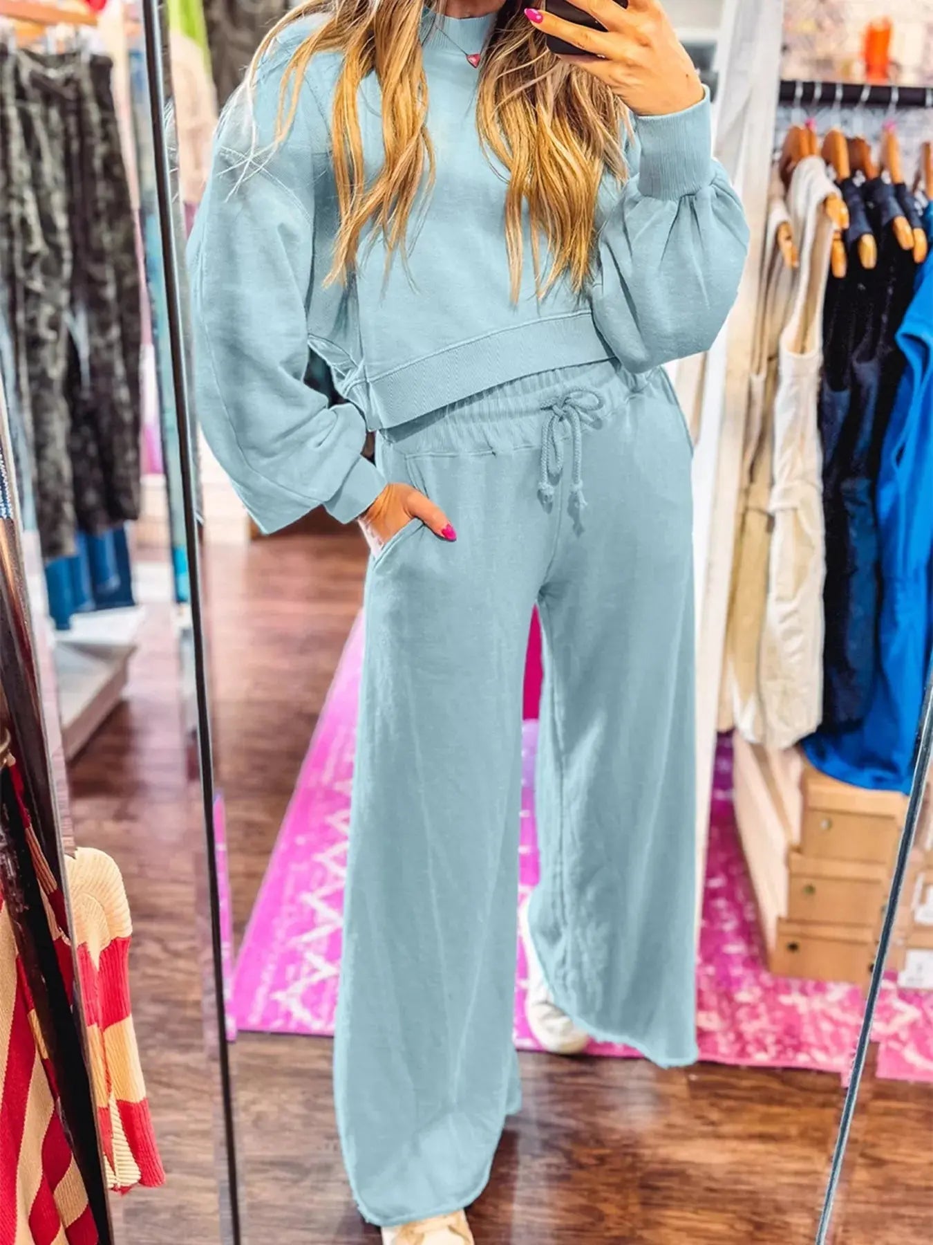 Drop Shoulder Puff Sleeve Crop Top and Drawstring Wide Leg Pants Set - Charmdeals