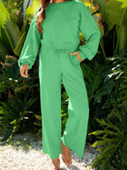 Drop Shoulder Puff Sleeve Crop Top and Drawstring Wide Leg Pants Set - Charmdeals