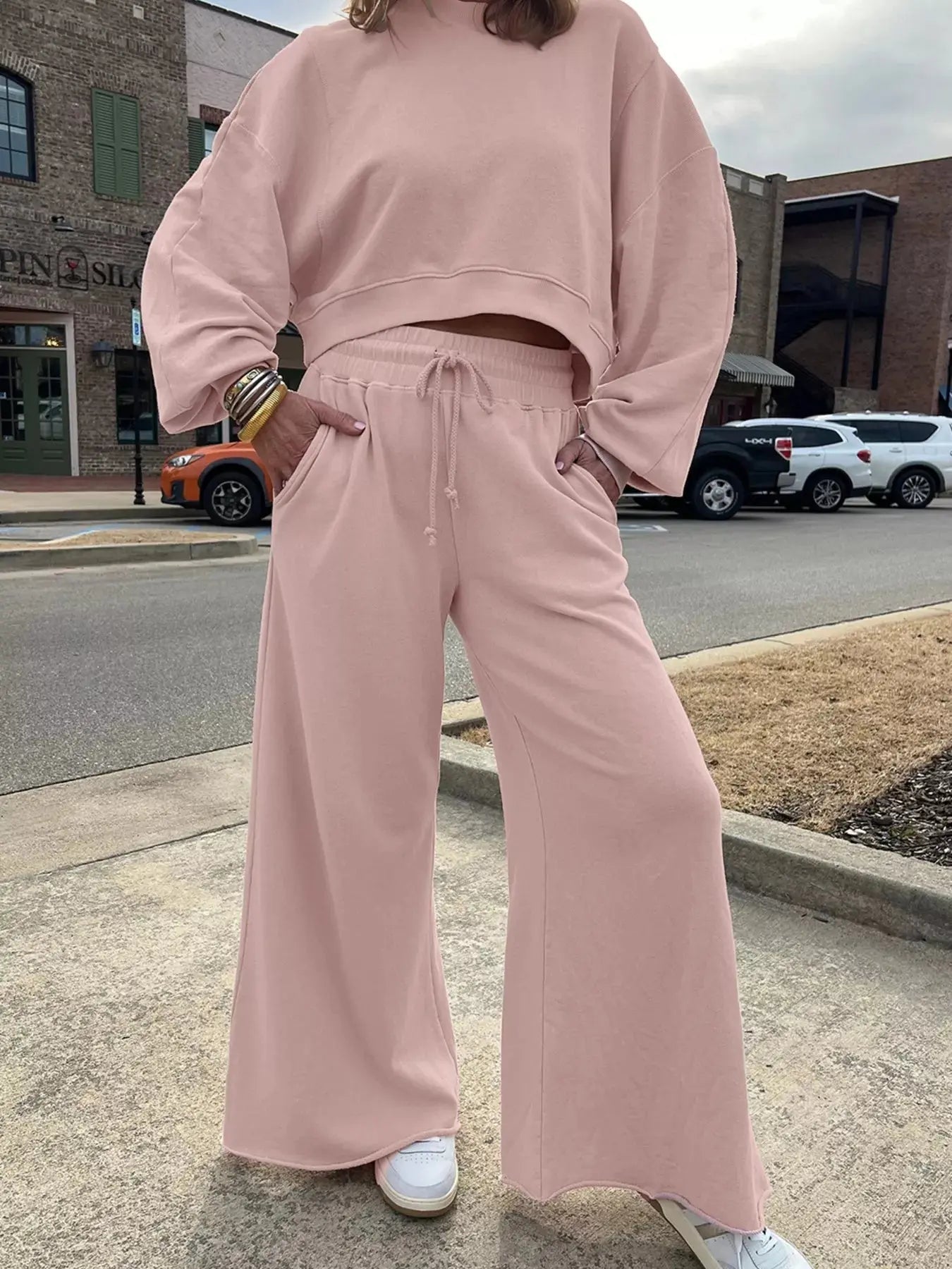 Drop Shoulder Puff Sleeve Crop Top and Drawstring Wide Leg Pants Set - Charmdeals