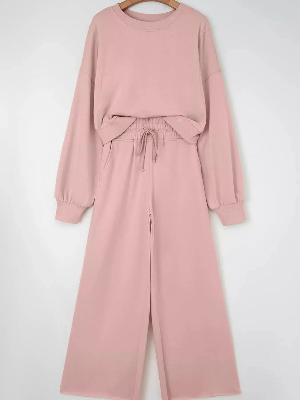 Drop Shoulder Puff Sleeve Crop Top and Drawstring Wide Leg Pants Set - Charmdeals