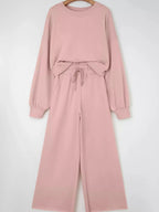 Drop Shoulder Puff Sleeve Crop Top and Drawstring Wide Leg Pants Set - Charmdeals