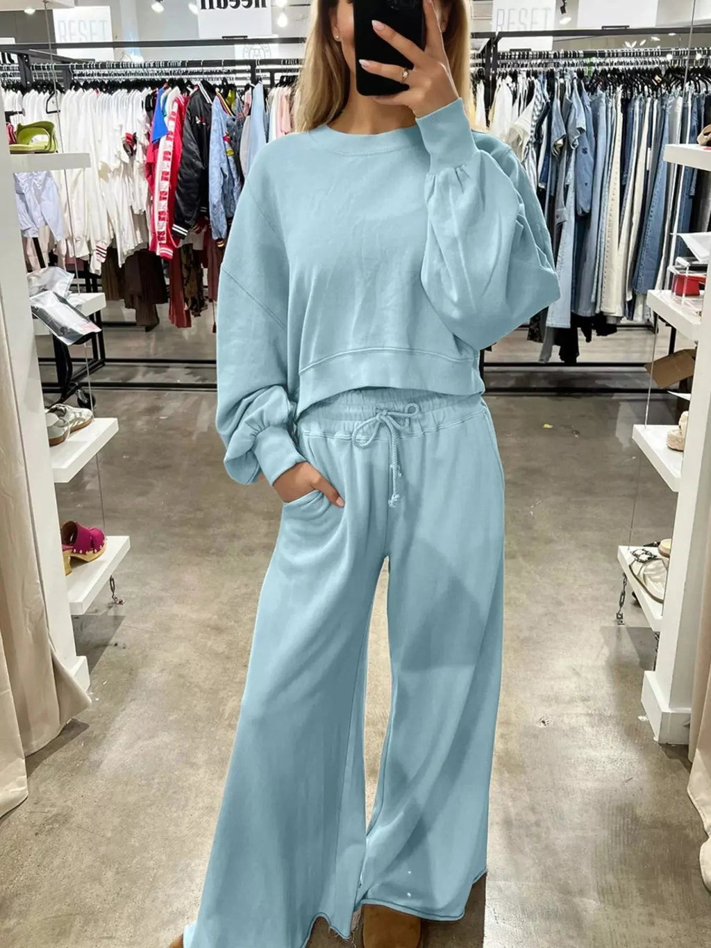 Drop Shoulder Puff Sleeve Crop Top and Drawstring Wide Leg Pants Set - Charmdeals