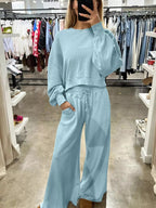 Drop Shoulder Puff Sleeve Crop Top and Drawstring Wide Leg Pants Set - Charmdeals