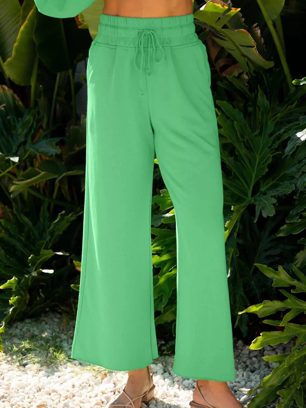 Drop Shoulder Puff Sleeve Crop Top and Drawstring Wide Leg Pants Set - Charmdeals