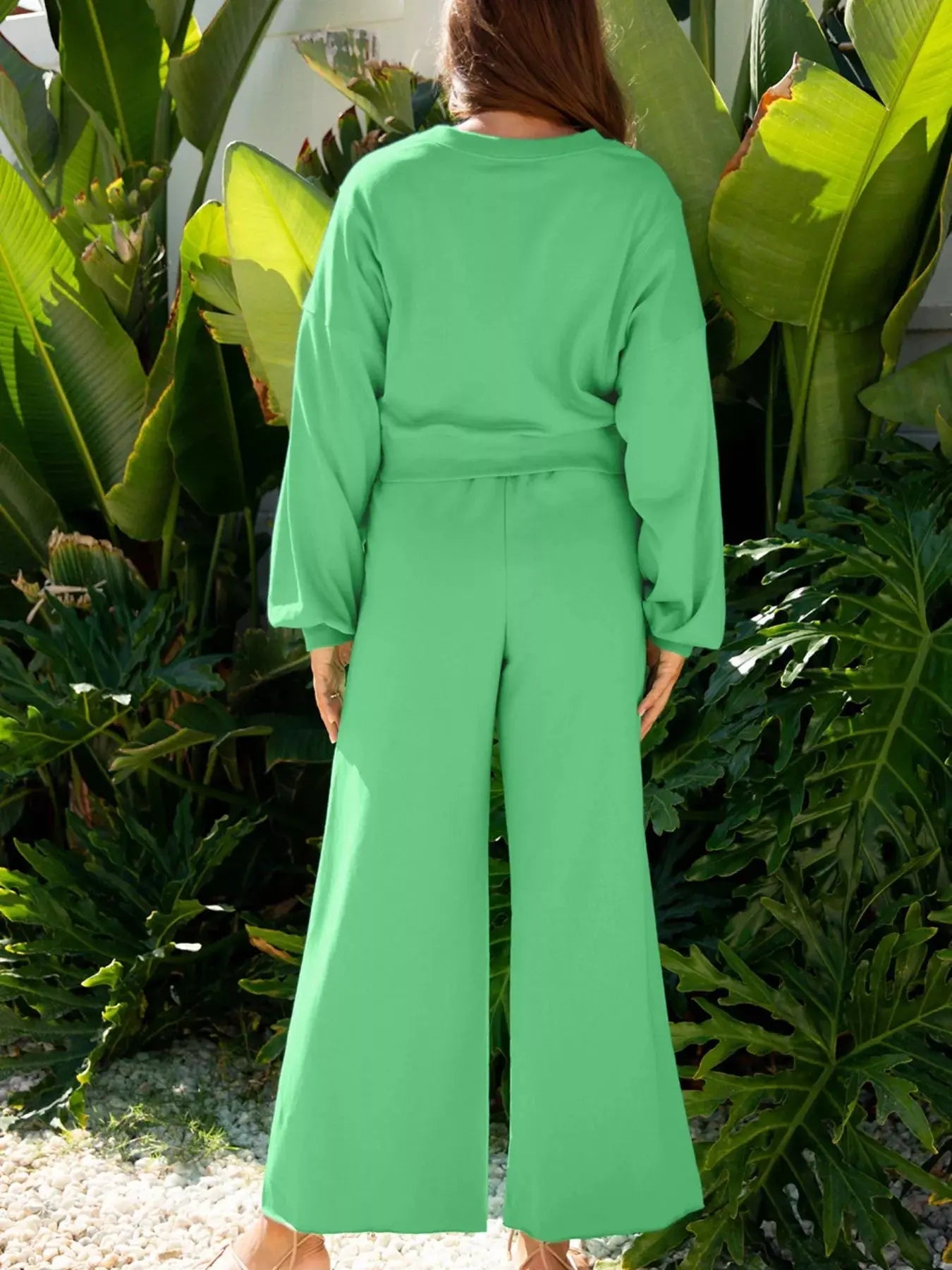 Drop Shoulder Puff Sleeve Crop Top and Drawstring Wide Leg Pants Set - Charmdeals