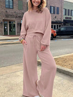 Drop Shoulder Puff Sleeve Crop Top and Drawstring Wide Leg Pants Set - Charmdeals