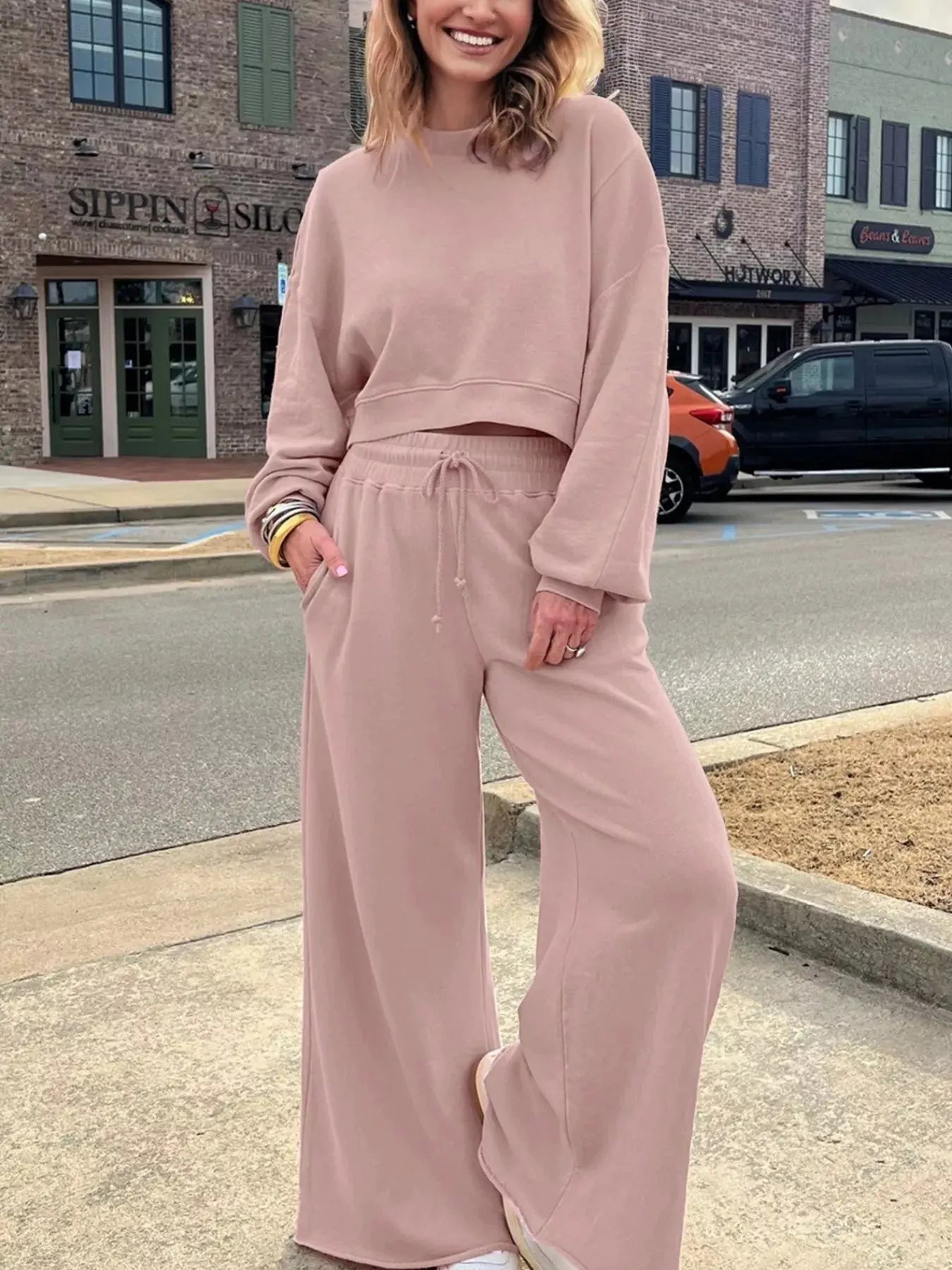Drop Shoulder Puff Sleeve Crop Top and Drawstring Wide Leg Pants Set - Charmdeals