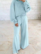 Drop Shoulder Puff Sleeve Crop Top and Drawstring Wide Leg Pants Set - Charmdeals