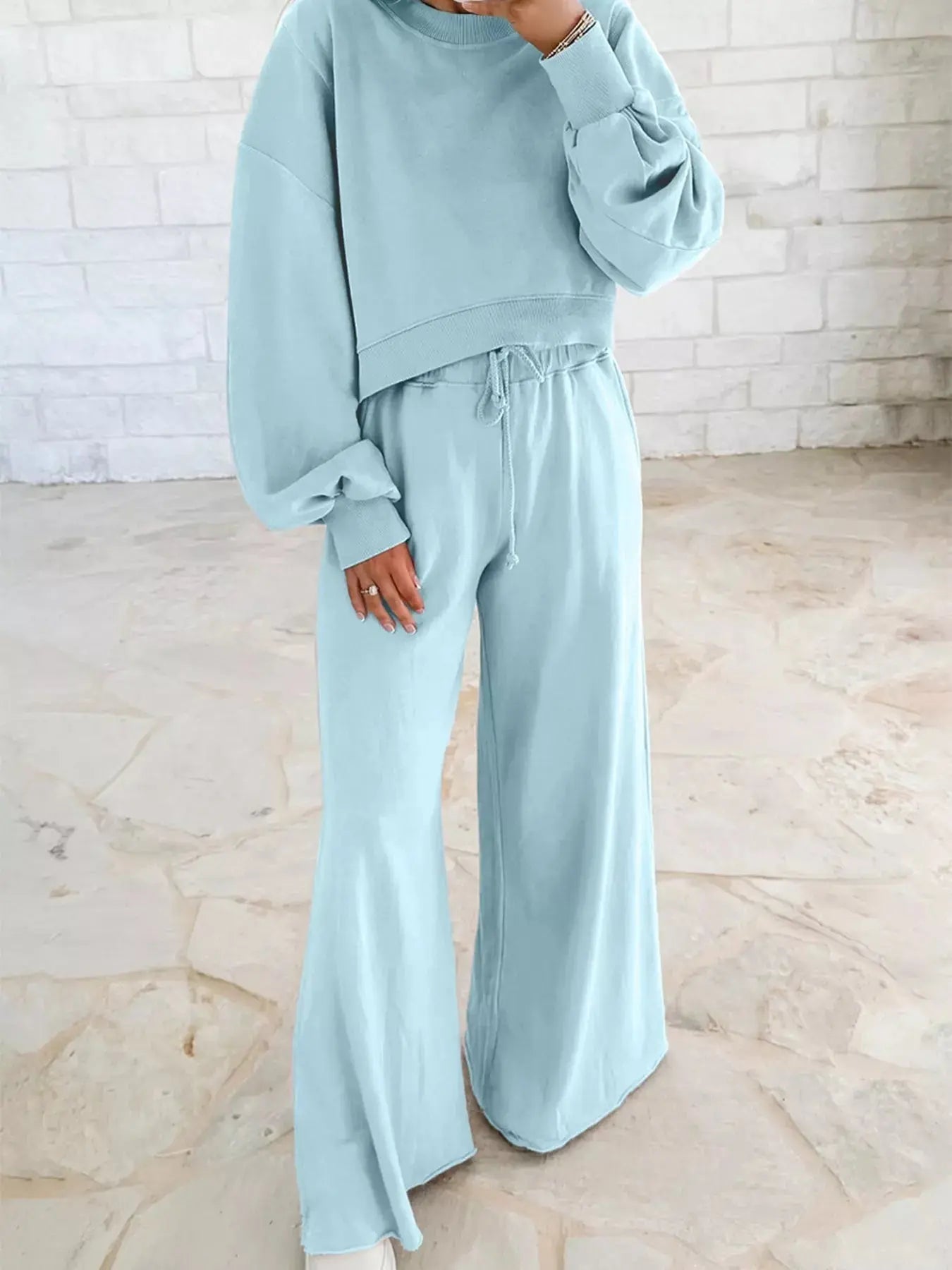 Drop Shoulder Puff Sleeve Crop Top and Drawstring Wide Leg Pants Set - Charmdeals