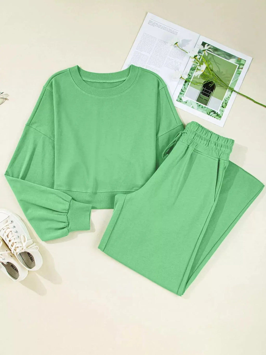 Drop Shoulder Puff Sleeve Crop Top and Drawstring Wide Leg Pants Set - Charmdeals