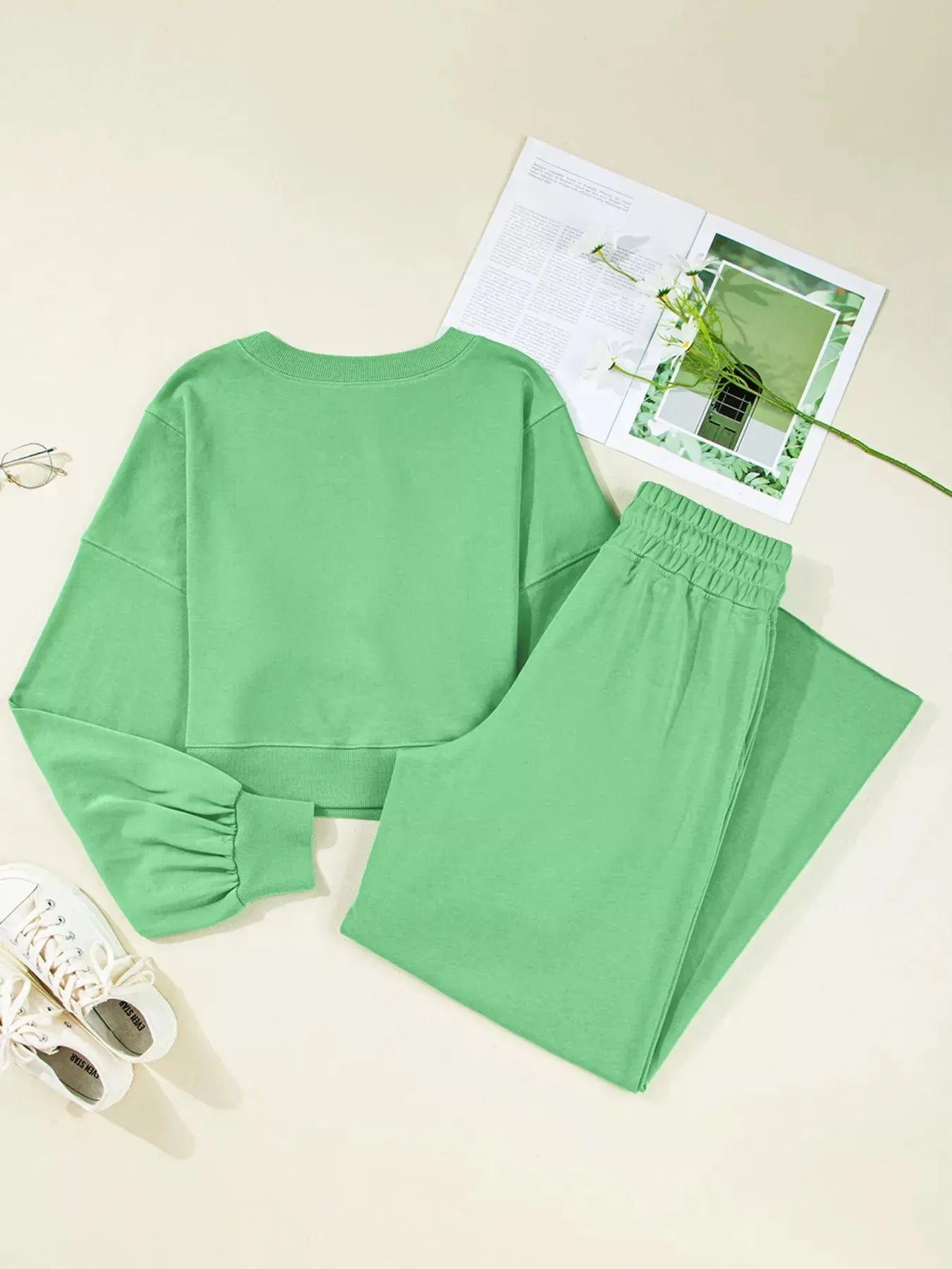 Drop Shoulder Puff Sleeve Crop Top and Drawstring Wide Leg Pants Set - Charmdeals