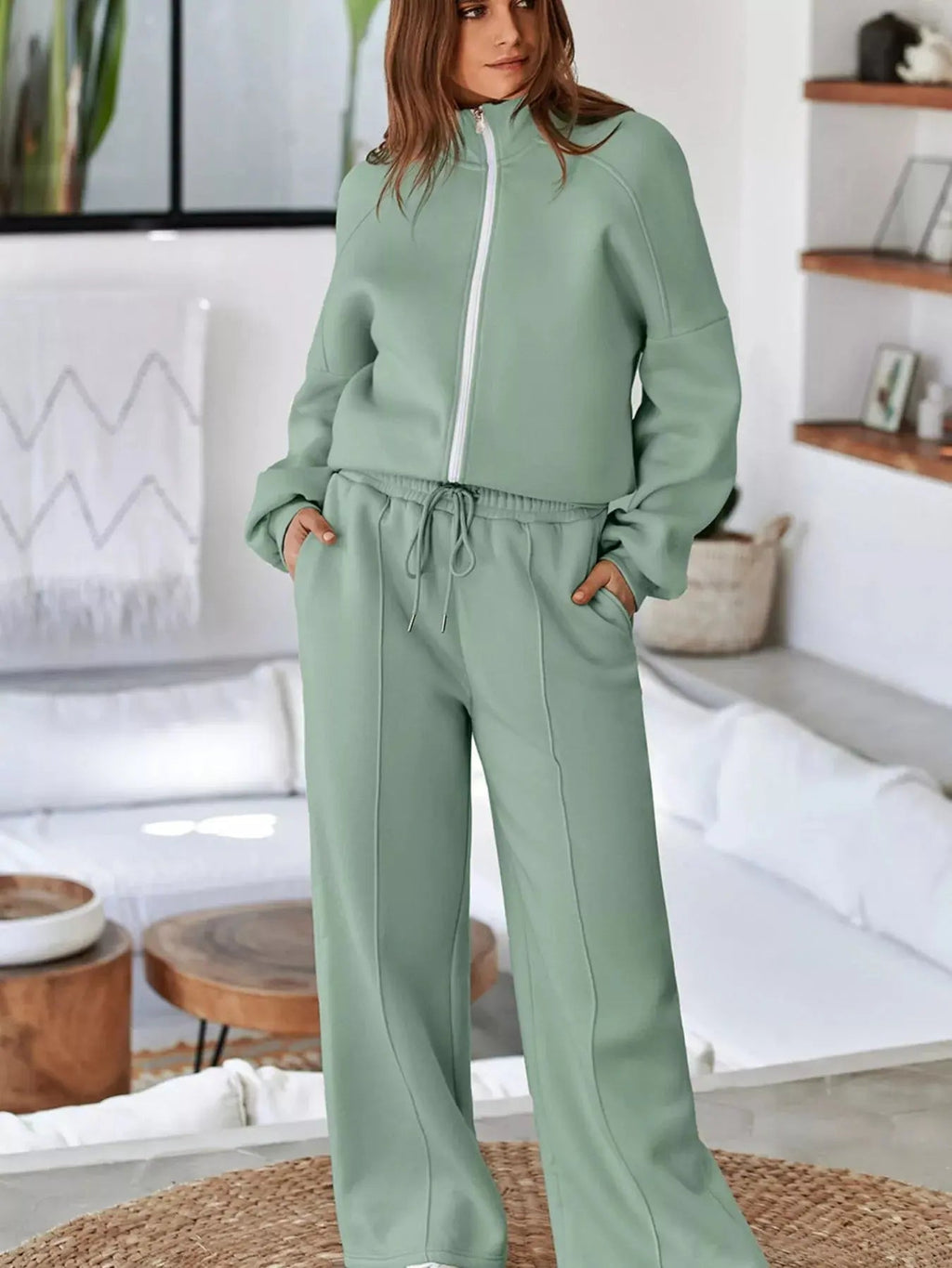 Drop Shoulder Zip Up Jacket and Drawstring Pants Active 2pcs Set - Charmdeals