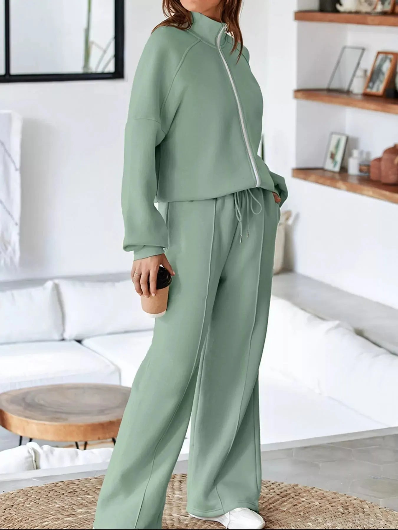 Drop Shoulder Zip Up Jacket and Drawstring Pants Active 2pcs Set - Charmdeals