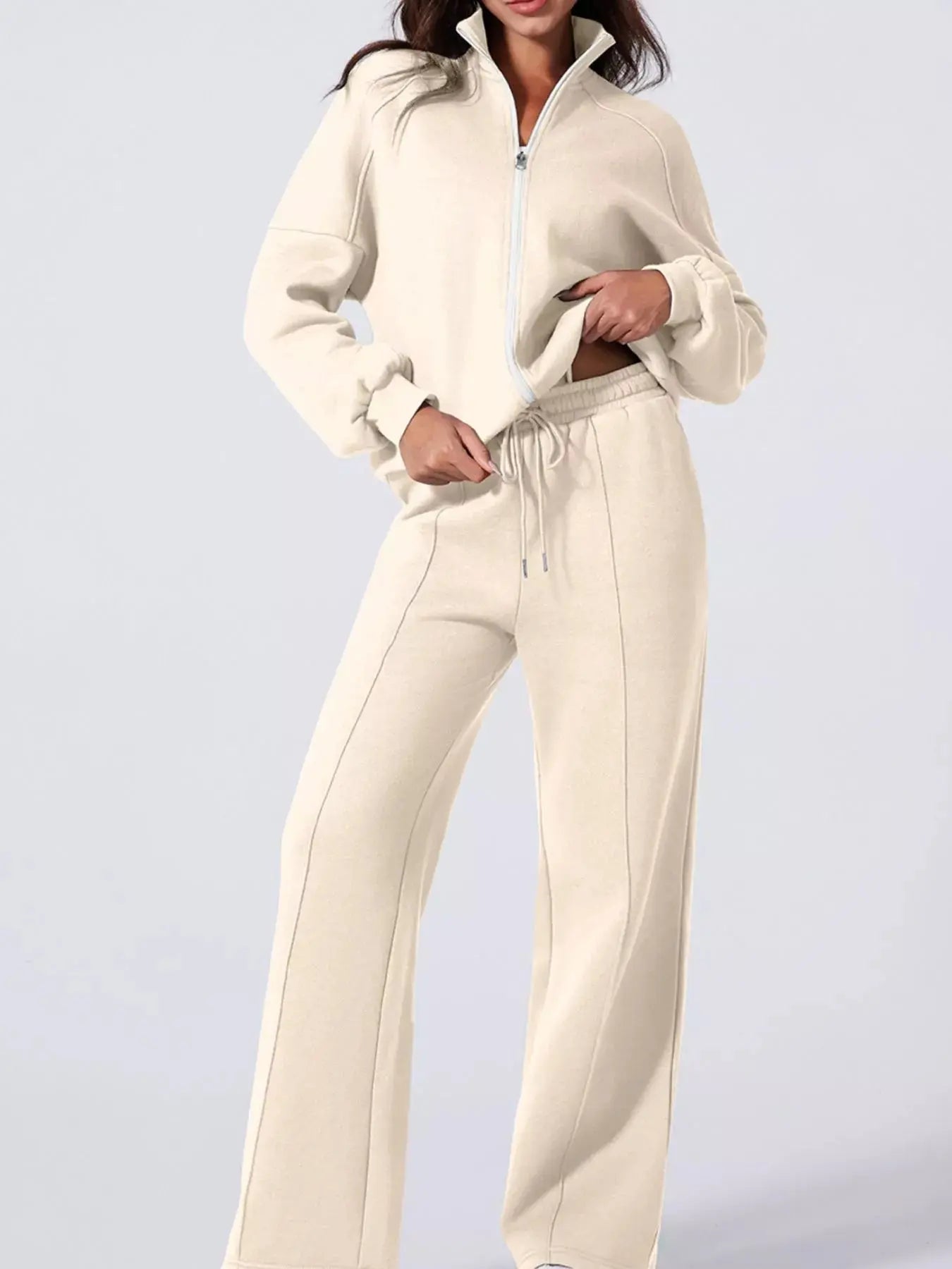 Drop Shoulder Zip Up Jacket and Drawstring Pants Active 2pcs Set - Charmdeals