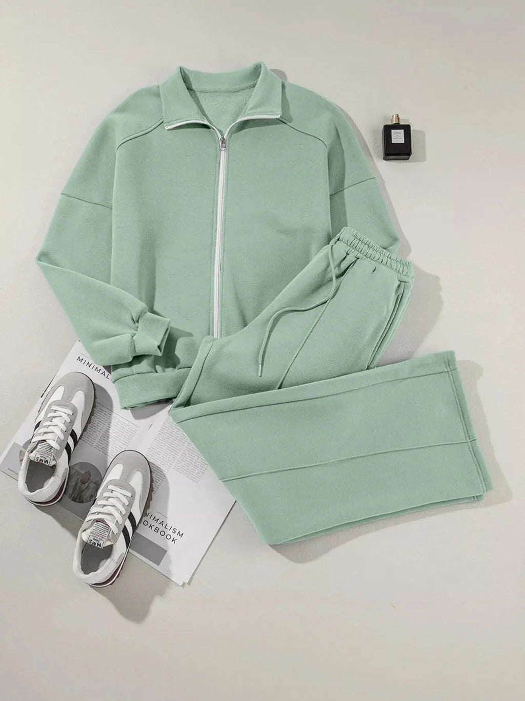Drop Shoulder Zip Up Jacket and Drawstring Pants Active 2pcs Set - Charmdeals