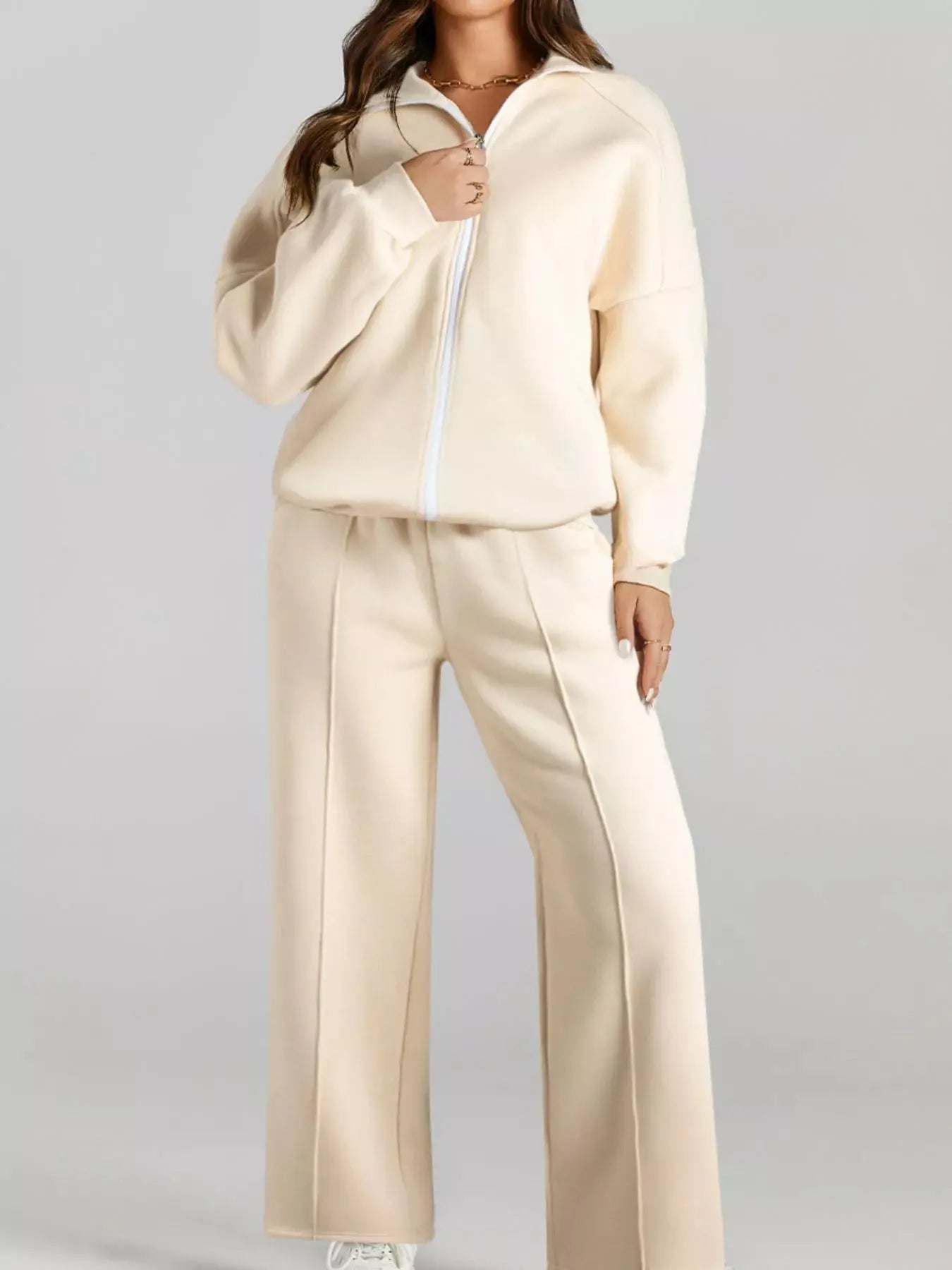 Drop Shoulder Zip Up Jacket and Drawstring Pants Active 2pcs Set - Charmdeals