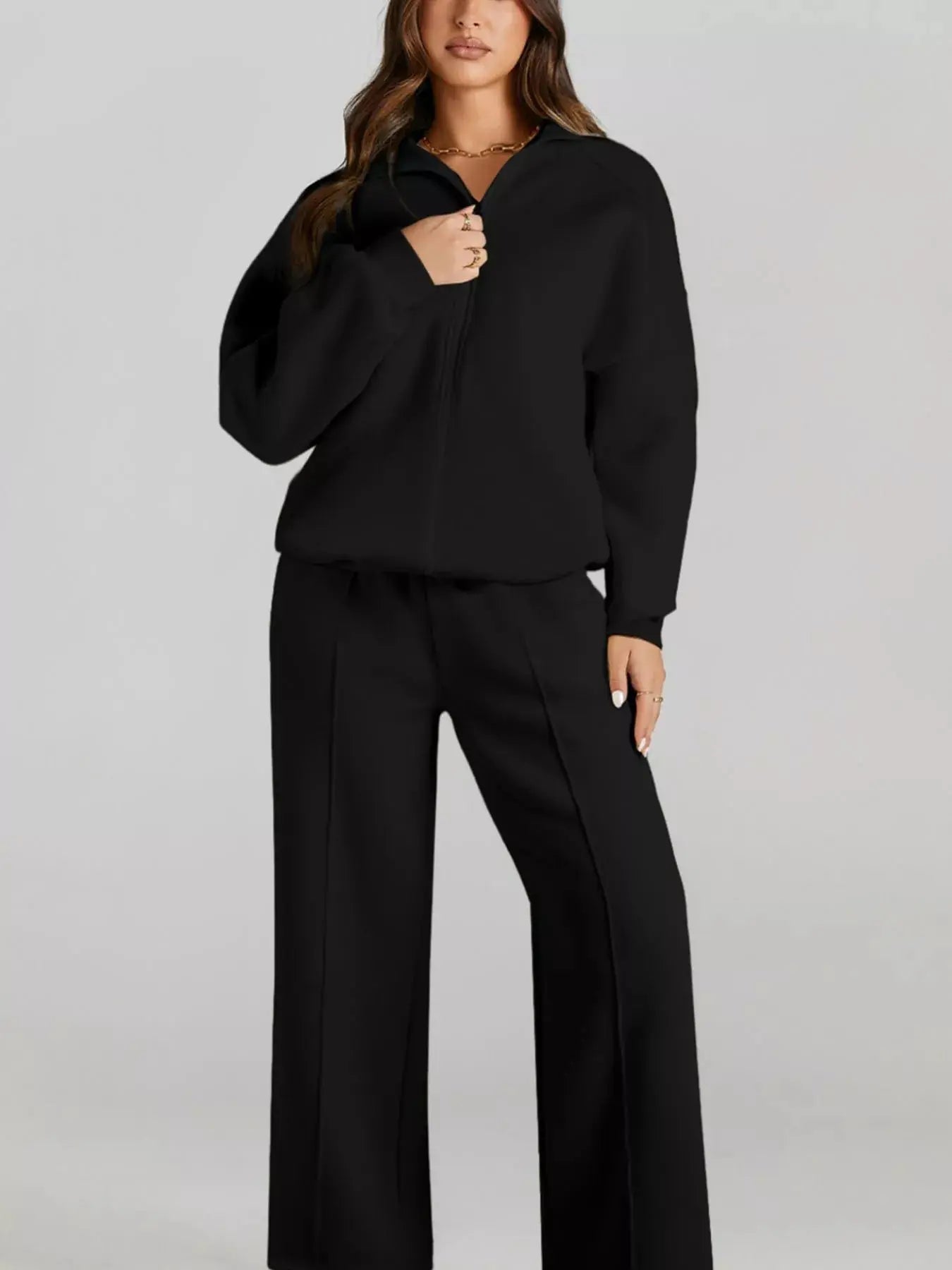 Drop Shoulder Zip Up Jacket and Drawstring Pants Active 2pcs Set - Charmdeals