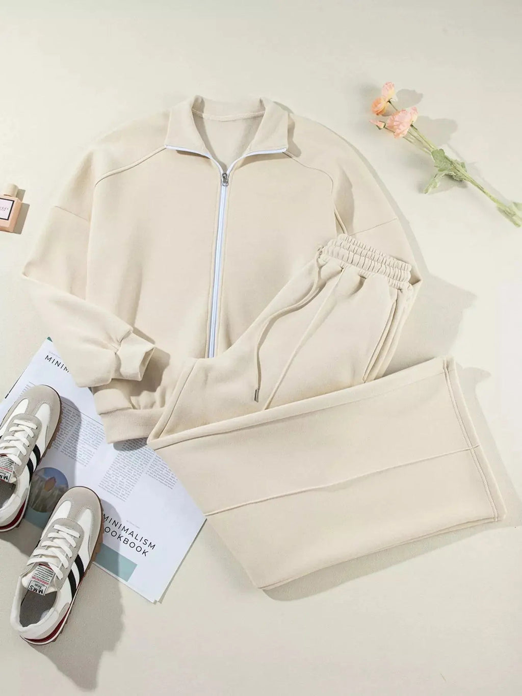 Drop Shoulder Zip Up Jacket and Drawstring Pants Active 2pcs Set - Charmdeals