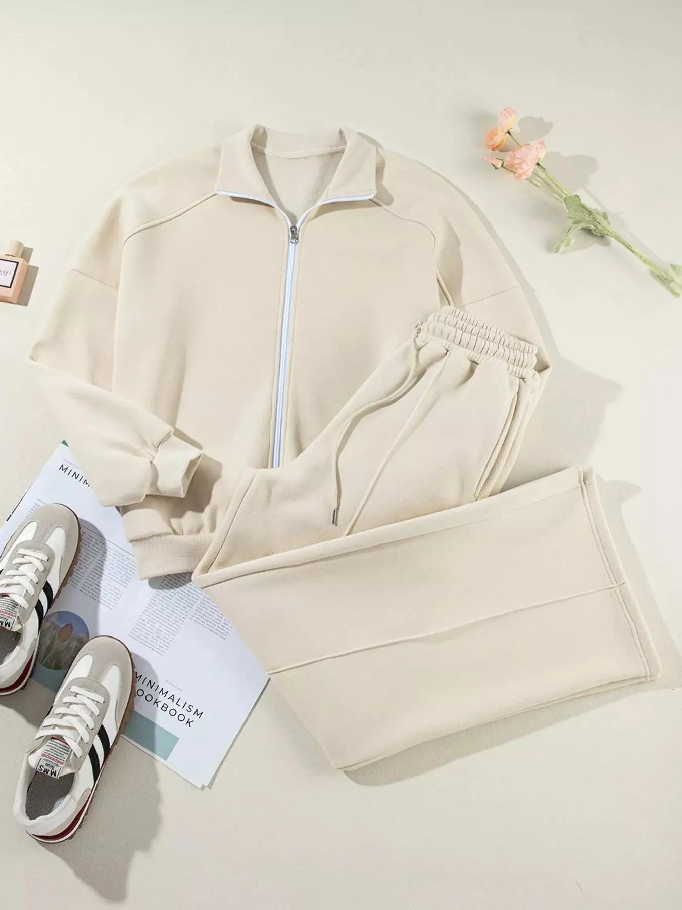 Drop Shoulder Zip Up Jacket and Drawstring Pants Active 2pcs Set - Charmdeals