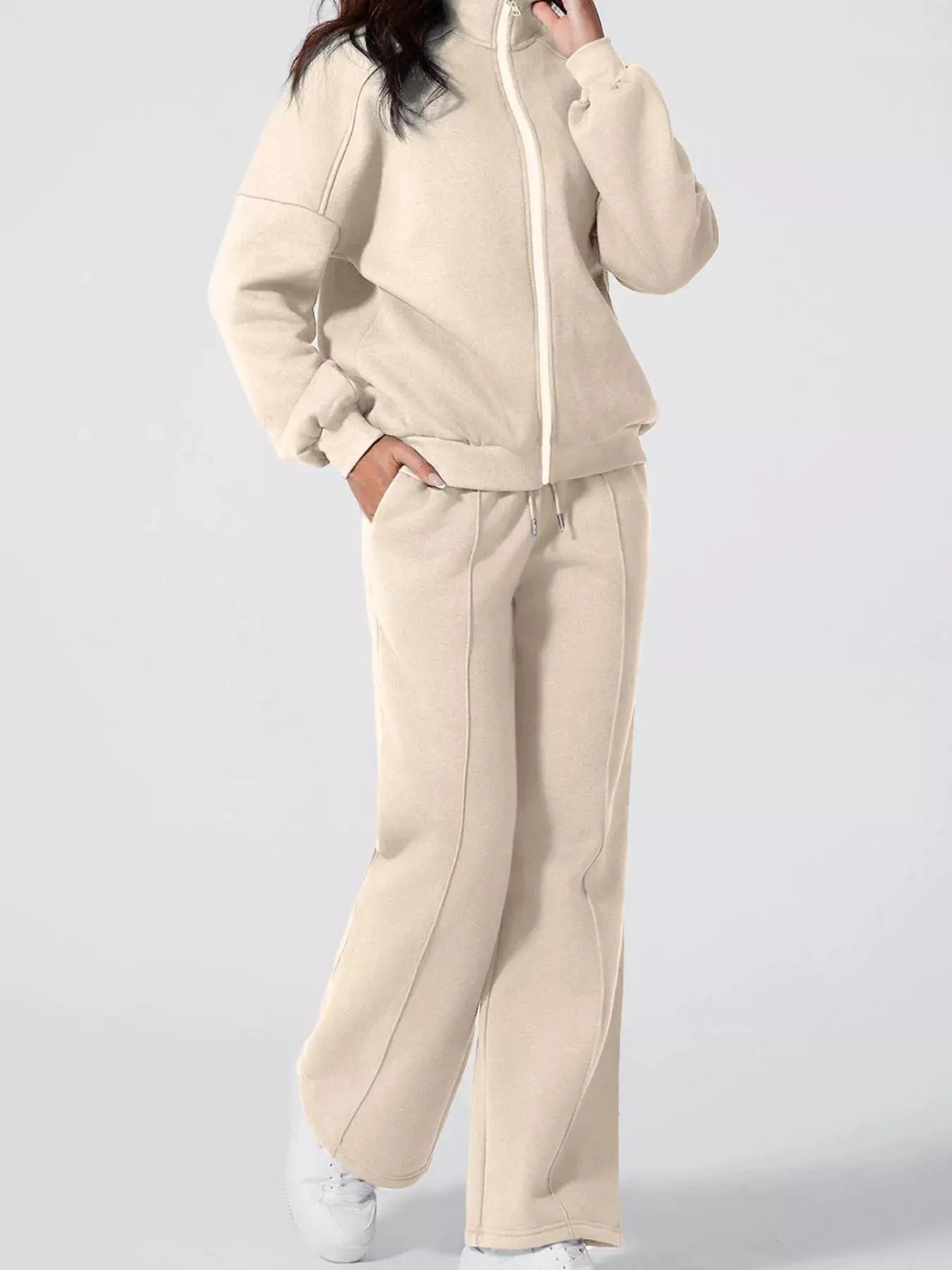 Drop Shoulder Zip Up Jacket and Drawstring Pants Active 2pcs Set - Charmdeals